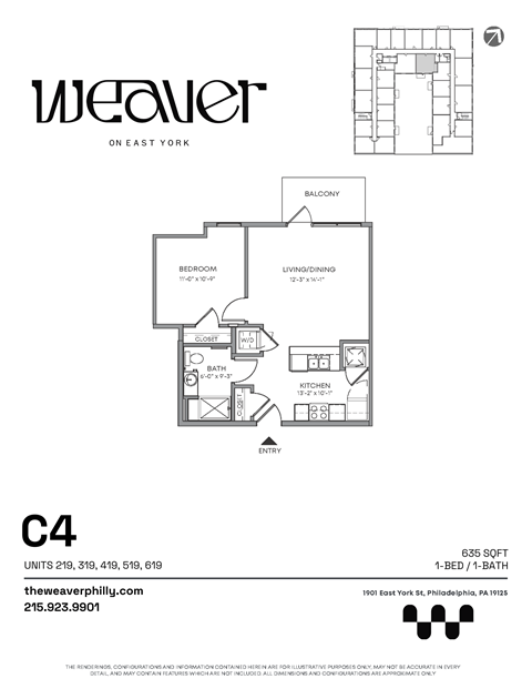 1Bed Floor Plan C4 at The Weaver, Philadelphia, PA, Pennsylvania